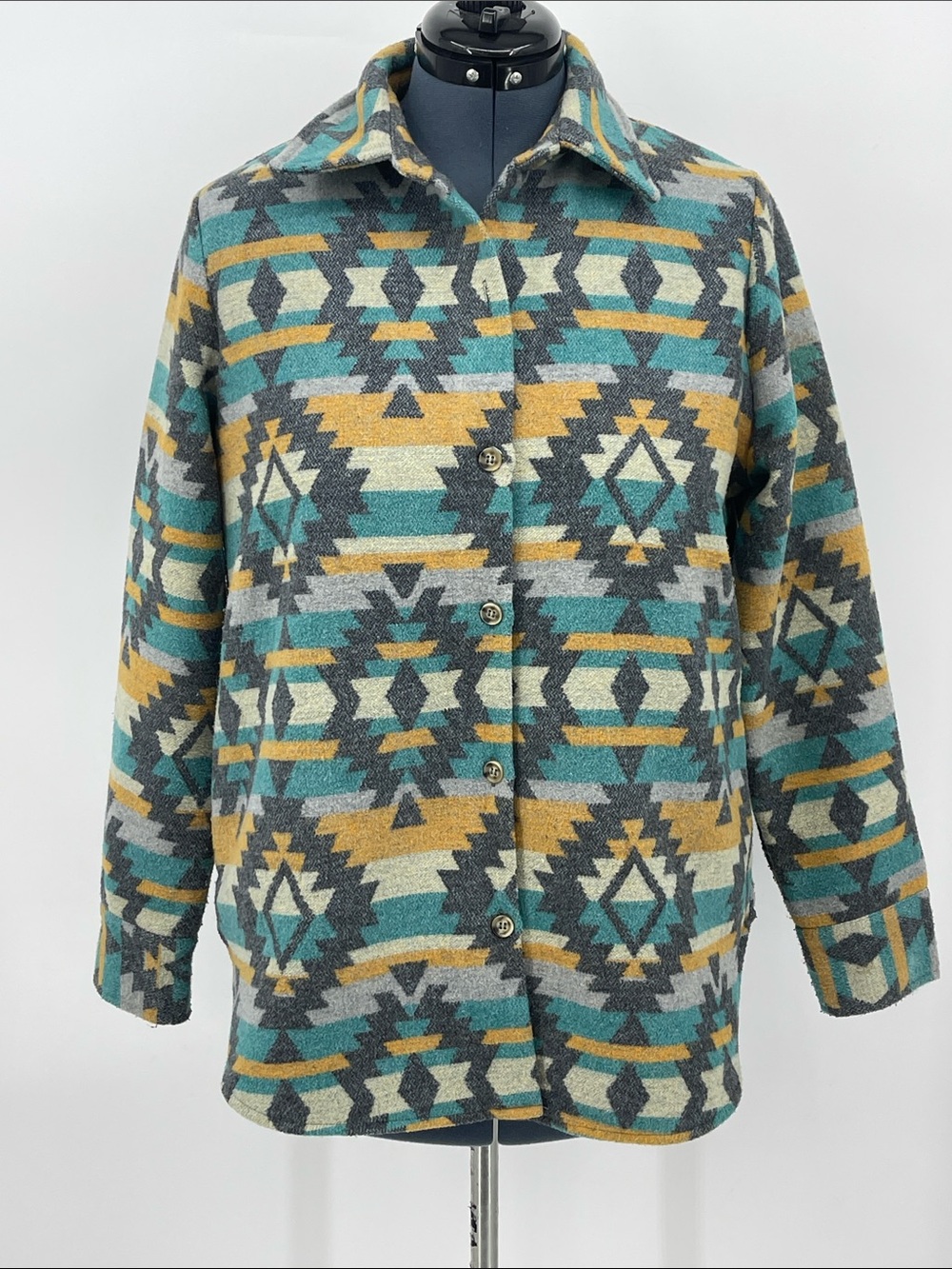 BLUE B WOMENS Patterned Button-Front Jacket in Teal and Mustard SIZE S. Aztec